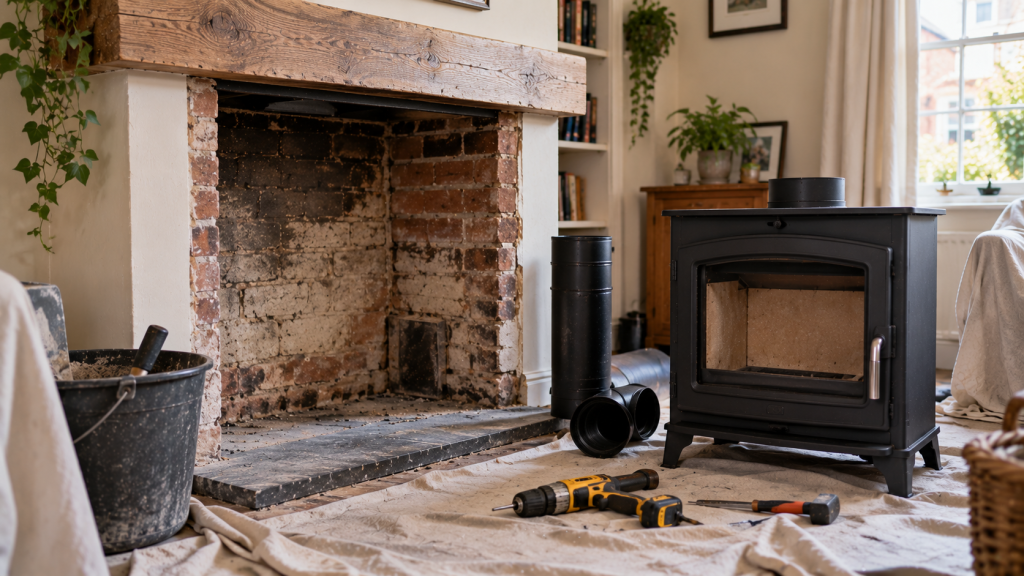 New wood-burning stove positioned beside an existing fireplace before installation