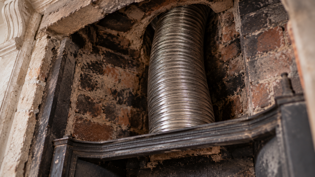 Flexible stainless-steel chimney liner visible inside an existing masonry chimney