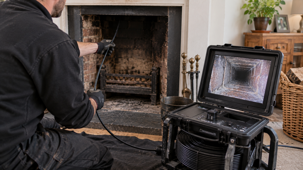 CCTV camera equipment being used to inspect the inside of a chimney from the fireplace