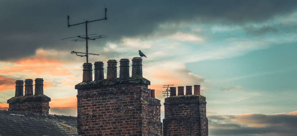 Autumn evening sky over traditional brick chimney stacks with bird perched on roof, showing typical Cambridge properties requiring seasonal chimney maintenance as part of autumn household preparation