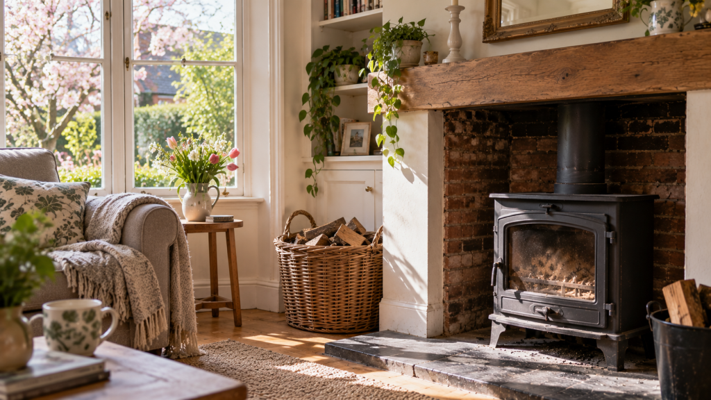 Wood-burning stove in a British home in spring at the end of the burning season