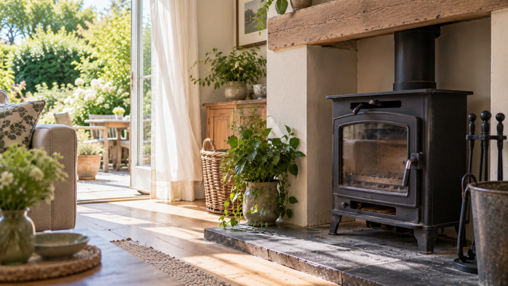 Unlit wood-burning stove in a bright British living room during summer