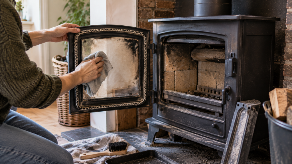 Routine maintenance being carried out on a cast-iron wood-burning stove