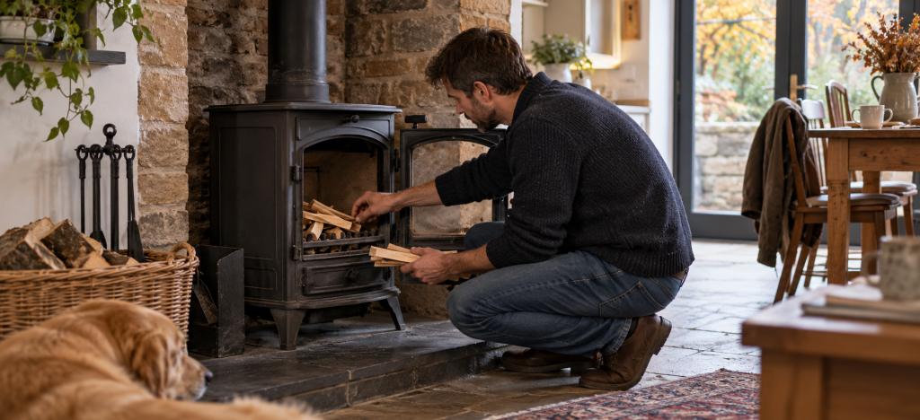 Man preparing kindling in a wood-burning stove before the first fire of the season