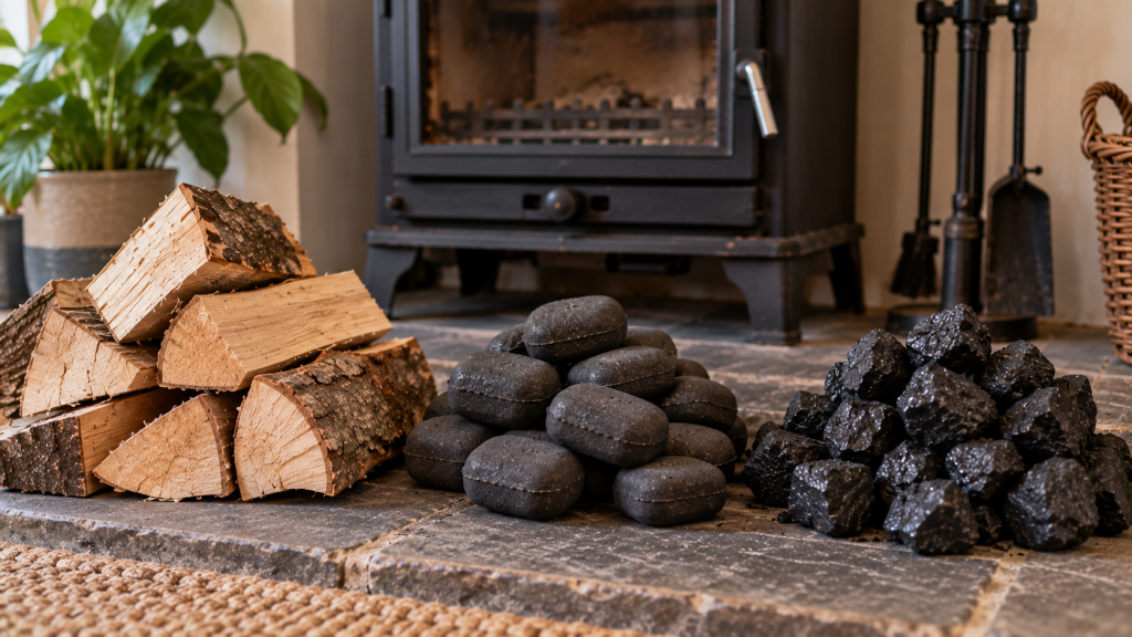 Dry split firewood, manufactured smokeless fuel ovals and anthracite beside a multi-fuel stove
