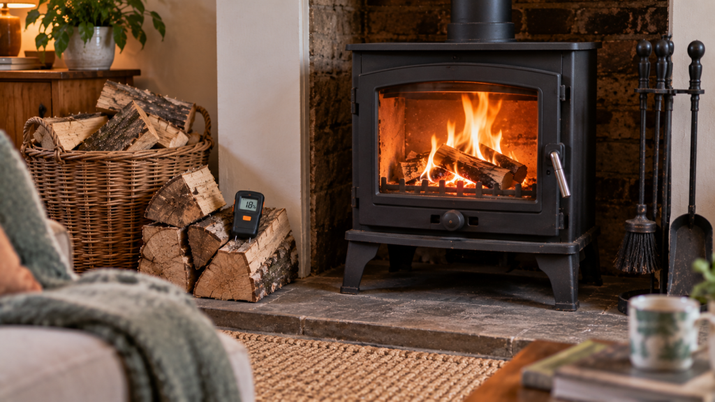 Wood-burning stove with a controlled fire, dry logs and a moisture meter beside the hearth