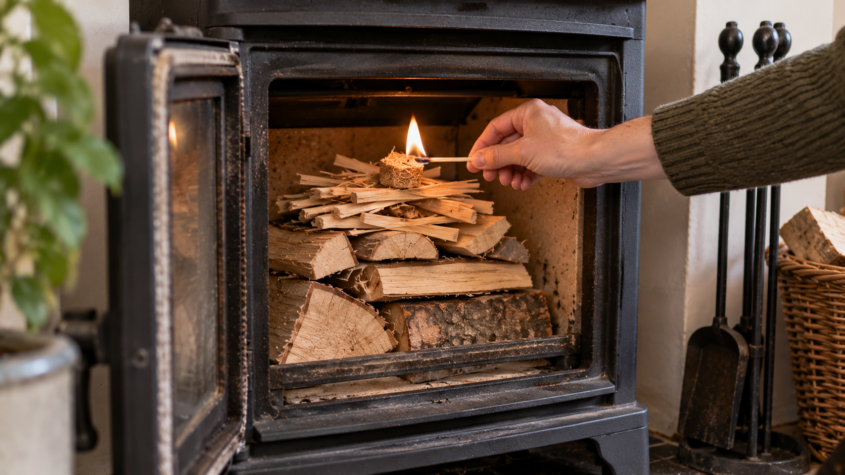 Top-down wood burner fire being lit from the kindling and firelighter at the top of the fuel stack