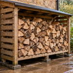 Firewood stored off the ground under a covered, ventilated log store beside a British house