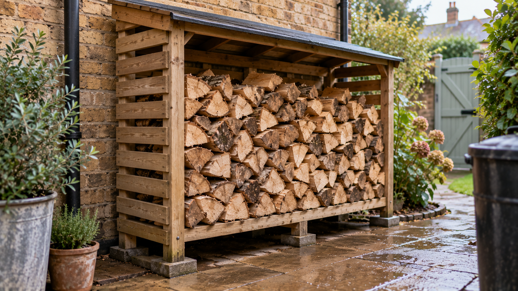 Firewood stored off the ground under a covered, ventilated log store beside a British house