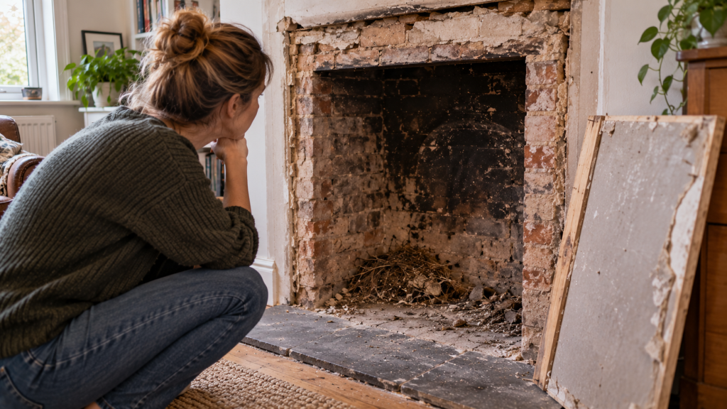 Homeowner inspecting an old fireplace after it has been uncovered following years of being blocked