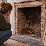 Homeowner inspecting an old fireplace after it has been uncovered following years of being blocked