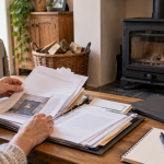 Homeowner organising stove and chimney maintenance paperwork beside a wood-burning stove