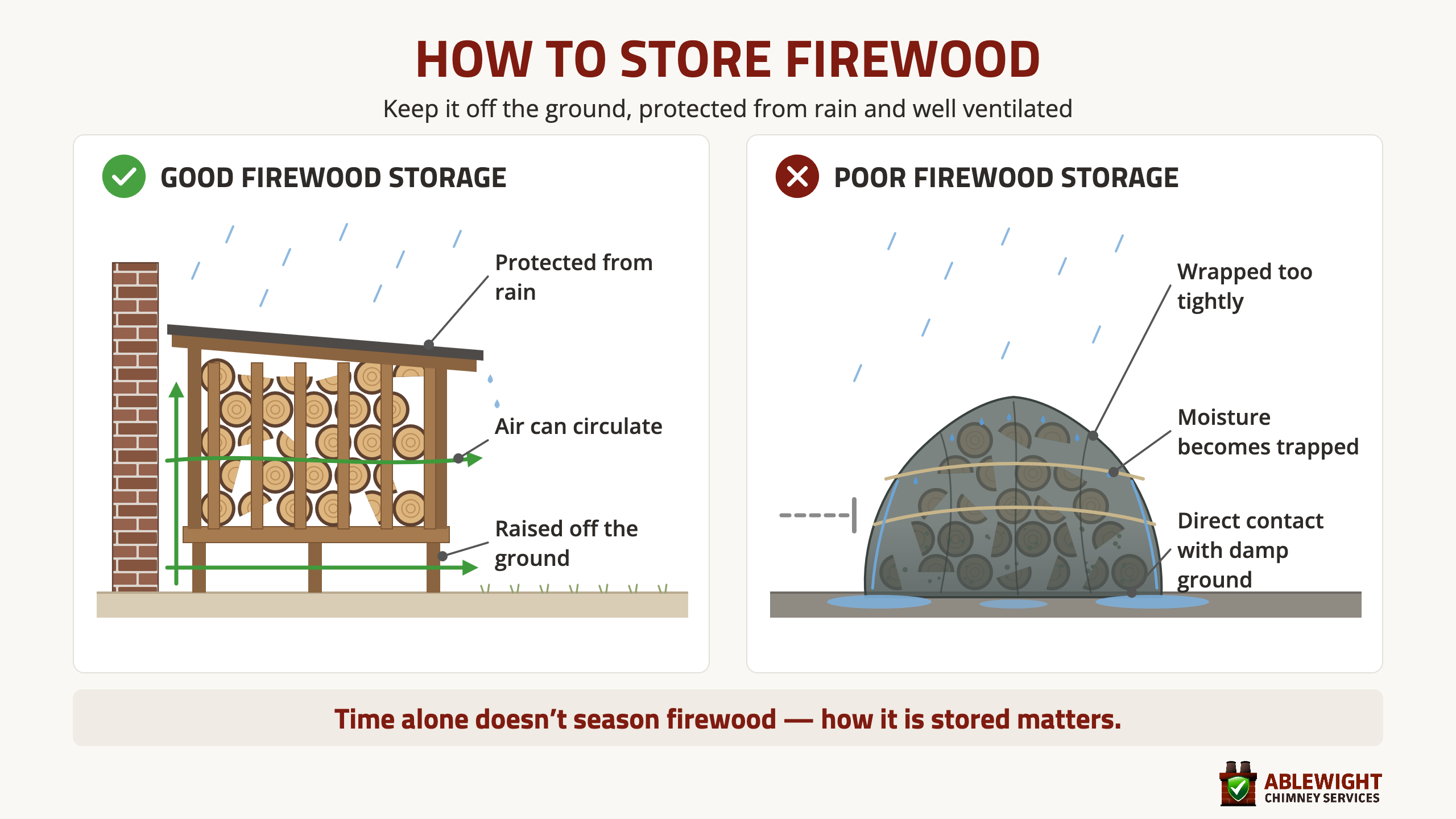 Good and poor firewood storage compared, showing logs raised off the ground, protected from rain and ventilated versus logs wrapped and stored on damp ground