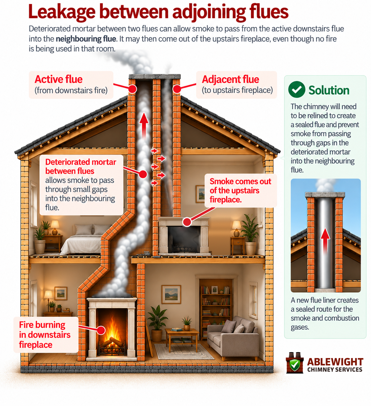 Diagram showing smoke leaking between adjoining chimney flues and entering an upstairs bedroom