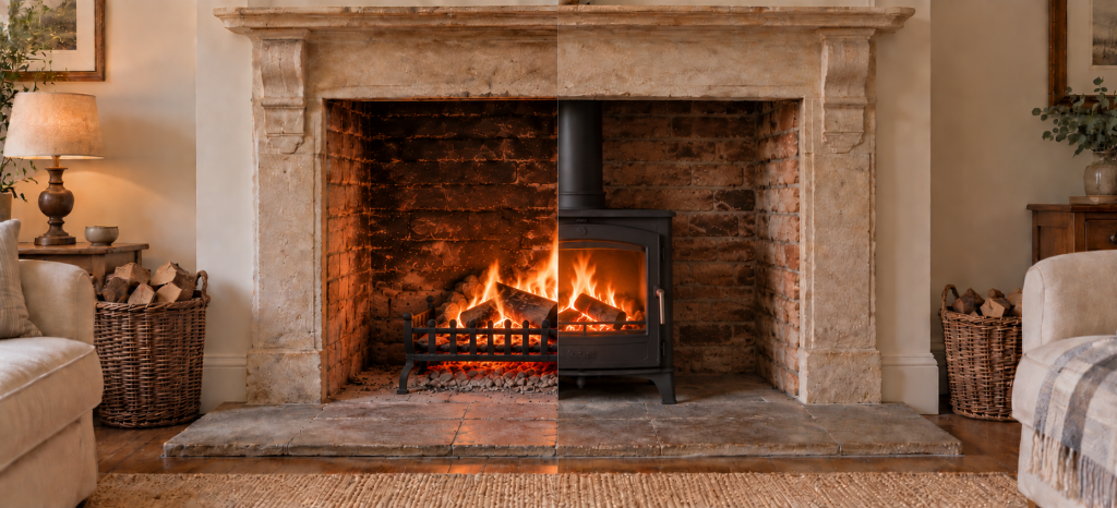 Open fire and wood-burning stove comparison in the same fireplace