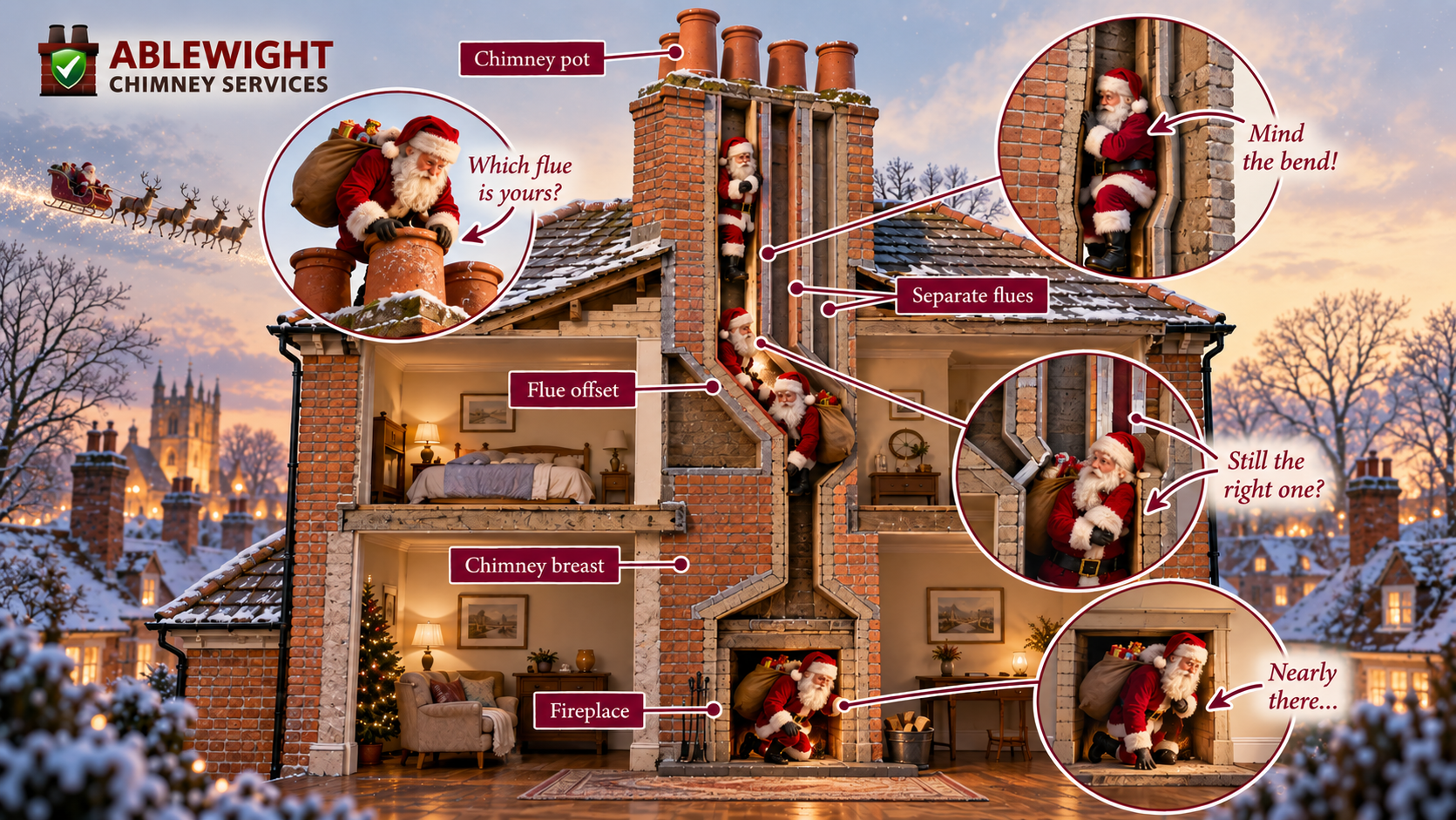 Cutaway of a British house showing Santa navigating separate chimney flues and a flue offset