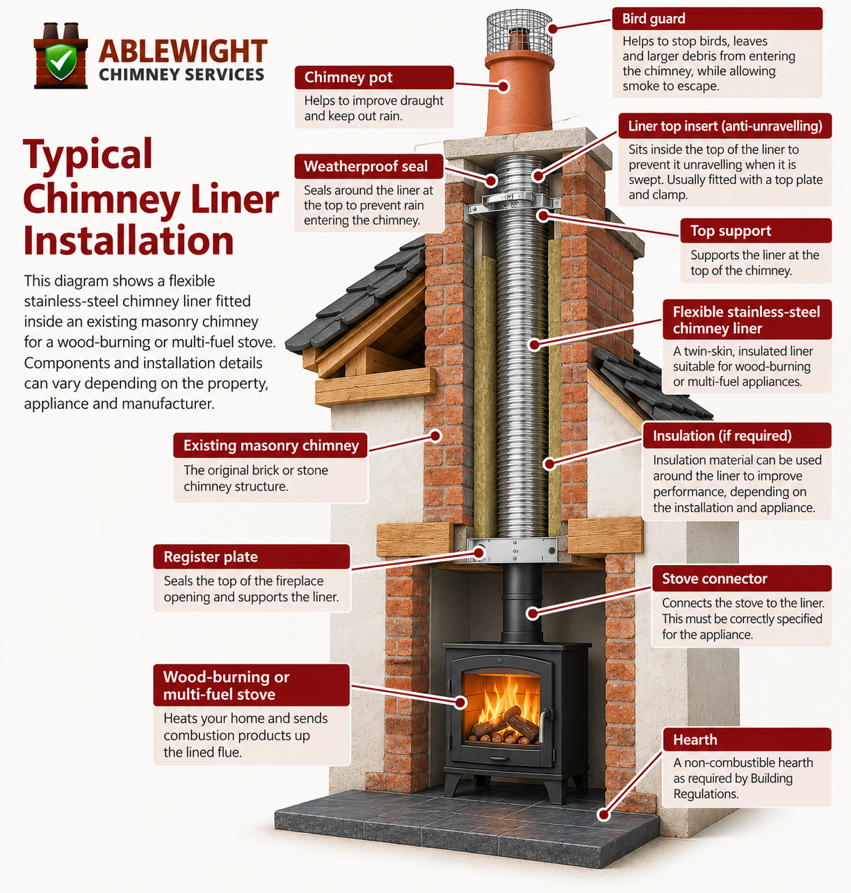 Ablewight diagram of a flexible stainless-steel chimney liner installation with liner top insert, bird guard and wood-burning stove