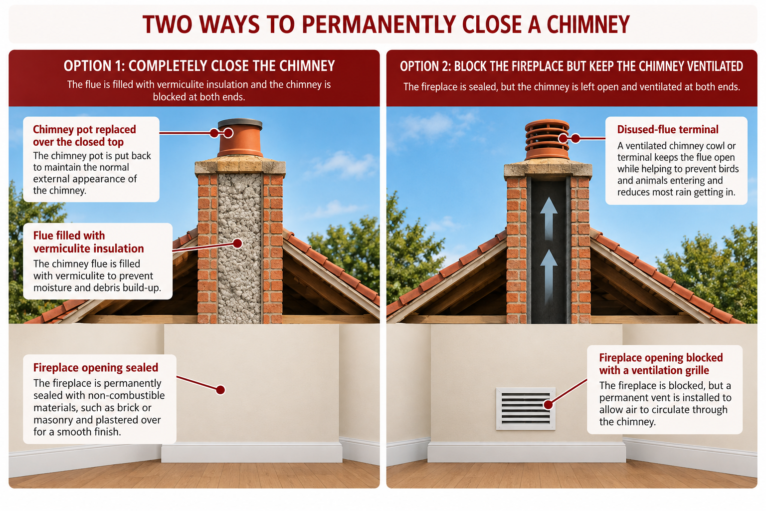 Diagram showing two ways to permanently close a chimney: completely closed at both ends or ventilated at both ends