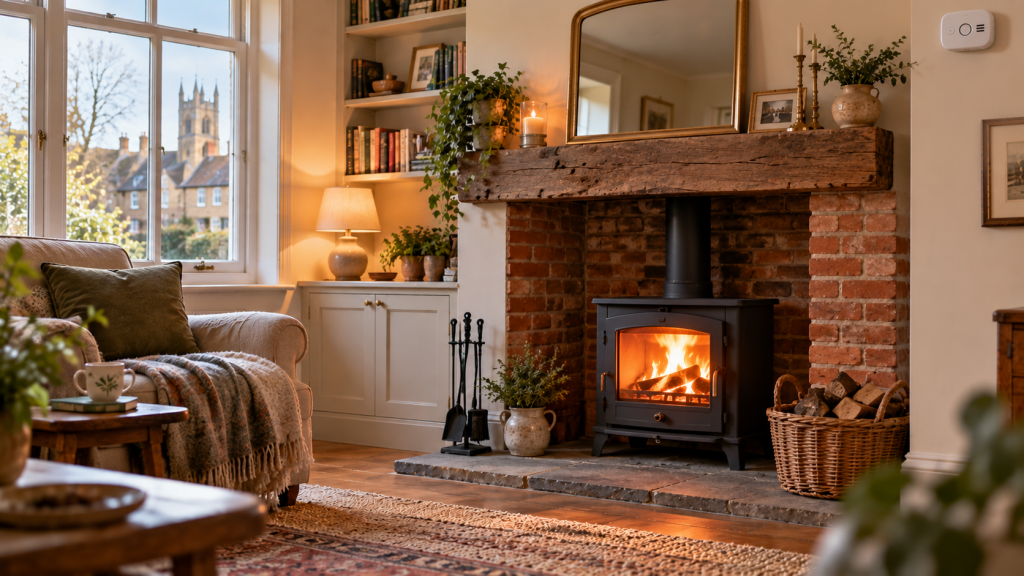 Solid-fuel stove in a British living room with a carbon monoxide alarm mounted high on the wall