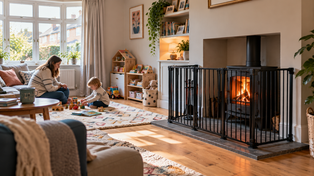 Child playing safely away from a guarded stove in a family living room