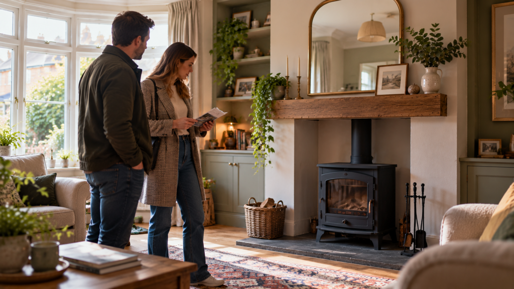Couple inspecting a fireplace while viewing a home