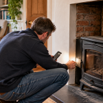 Homeowner checking the identification plate on a wood-burning stove to find its make and model