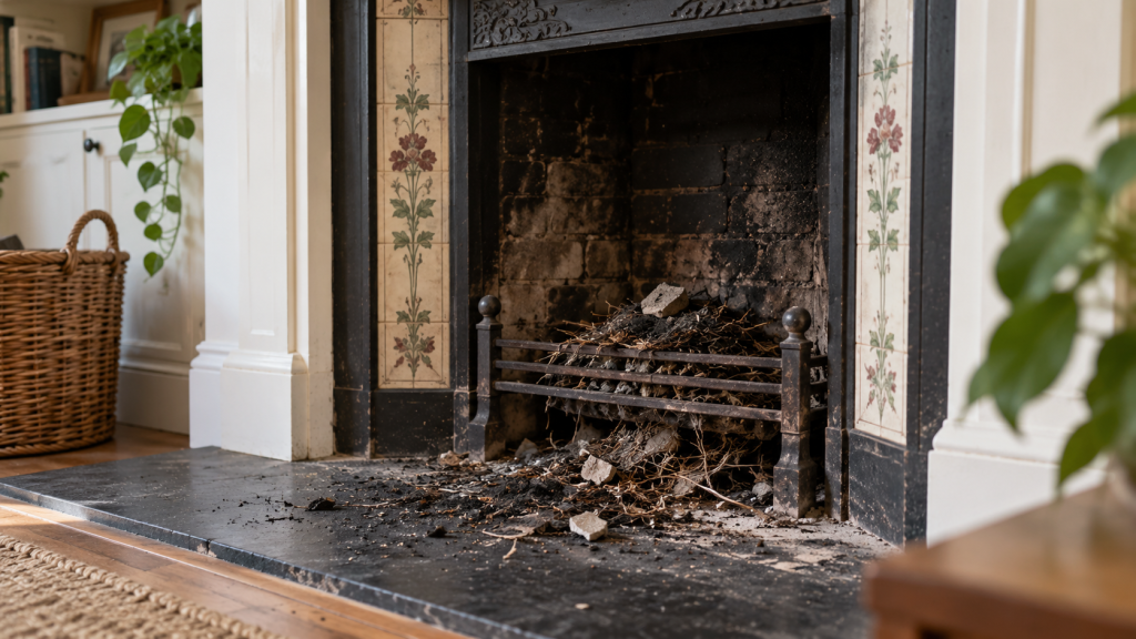 Blocked chimney with soot, masonry and nesting debris fallen into a traditional fireplace