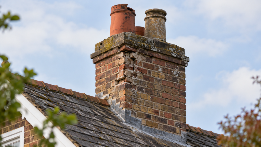 Weathered brick chimney stack with deteriorating mortar and ageing chimney pots on a British home
